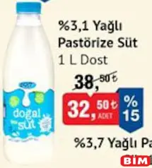 DOST %3,1 YAĞLI PASTÖRİZE SÜT 1 L